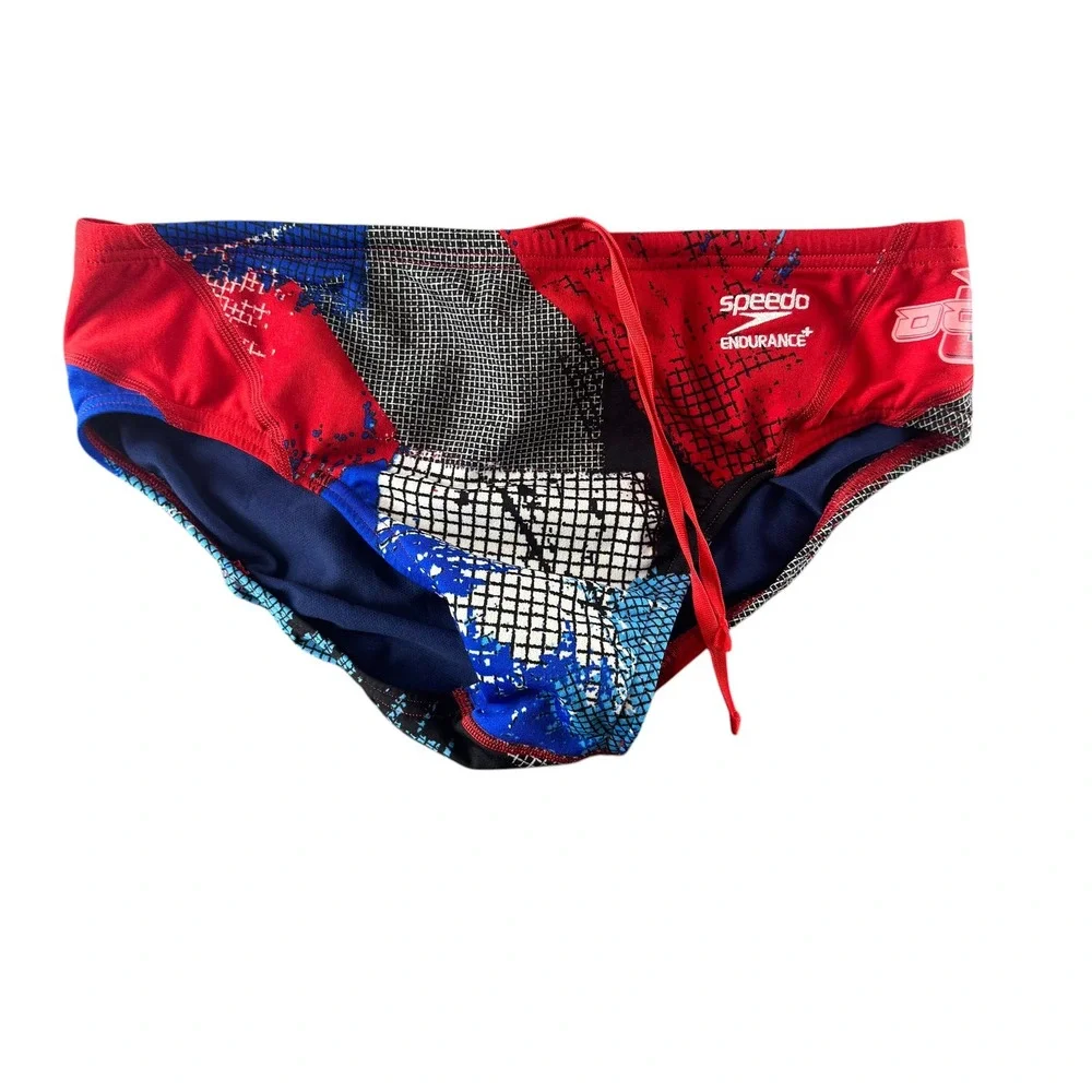 Speedo Endurance+ Mens Swim Briefs Size 32 Red Blue Abstract Grid Performance - Picture 5 of 5